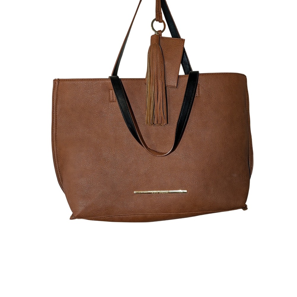 Steve Madden Brown Faux Leather Tote Bag Pouch Tassel Cognac Gold Zip Handbag